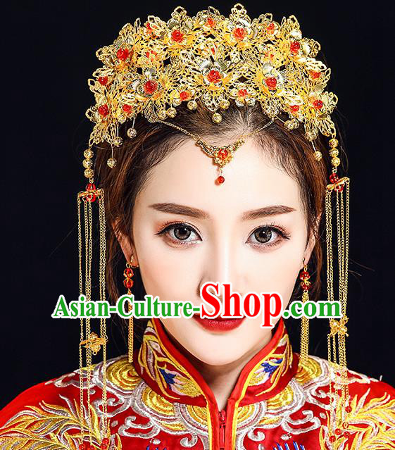 Traditional Chinese Ancient Bride Hair Accessories Xiuhe Suit Golden Phoenix Coronet Hairpins Complete Set for Women