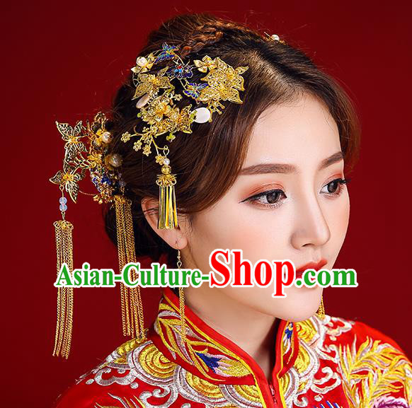 Traditional Chinese Ancient Bride Hair Accessories Xiuhe Suit Blueing Hairpins Complete Set for Women