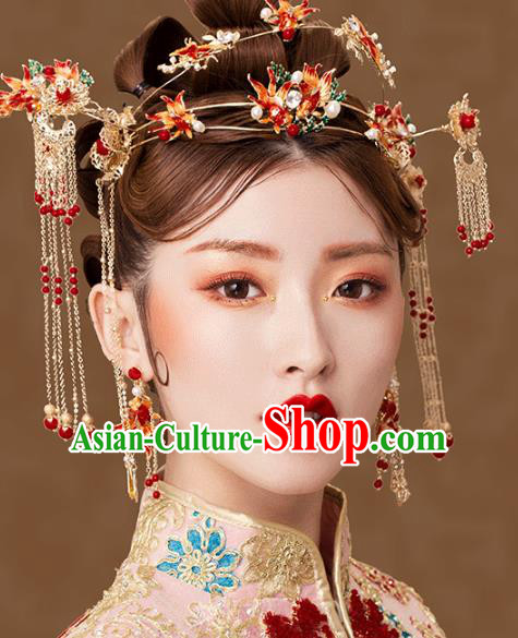 Traditional Chinese Ancient Bride Hair Accessories Xiuhe Suit Goldfish Phoenix Coronet Hairpins Complete Set for Women