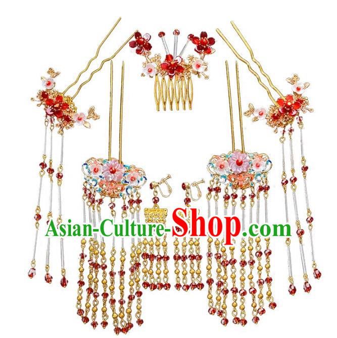 Traditional Chinese Ancient Bride Hair Accessories Xiuhe Suit Tassel Step Shake Hairpins Complete Set for Women