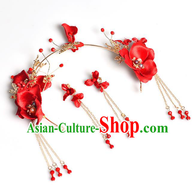 Handmade Bride Wedding Hair Accessories Red Flowers Hair Clasp and Earrings for Women