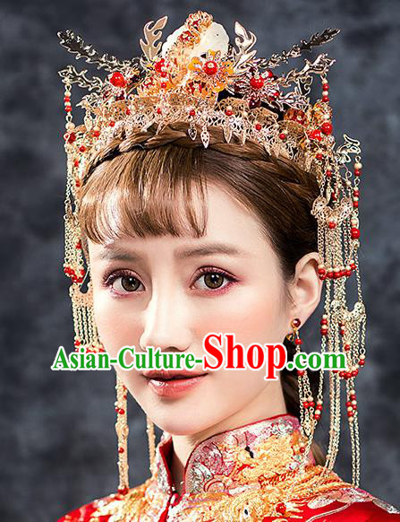 Traditional Chinese Ancient Bride Hair Accessories Xiuhe Suit Hairpins Phoenix Coronet Complete Set for Women