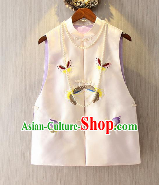 Chinese Traditional National Cheongsam Vest Tangsuit Embroidered Butterfly White Waistcoat for Women