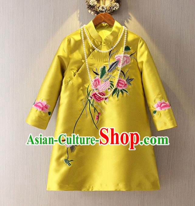 Chinese Traditional National Cheongsam Tangsuit Stand Collar Embroidered Qipao Dress for Women