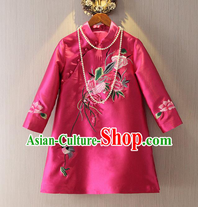 Chinese Traditional National Cheongsam Tangsuit Stand Collar Embroidered Rosy Qipao Dress for Women