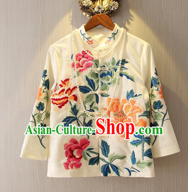 Chinese Traditional National White Cheongsam Shirt Tangsuit Stand Collar Embroidered Coats for Women