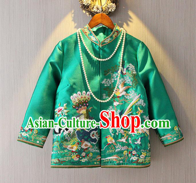 Chinese Traditional National Green Cheongsam Jacket Tangsuit Stand Collar Embroidered Coats for Women