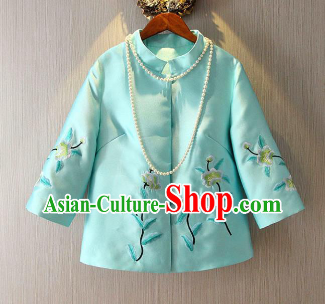 Chinese Traditional National Blue Cheongsam Jacket Tangsuit Embroidered Coats for Women