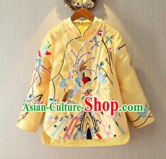 Chinese Traditional National Cheongsam Yellow Blouse Tangsuit Embroidered Shirts for Women