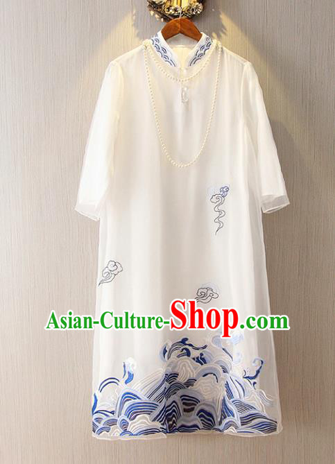 Chinese Traditional National Cheongsam Tangsuit Embroidered White Qipao Dress for Women