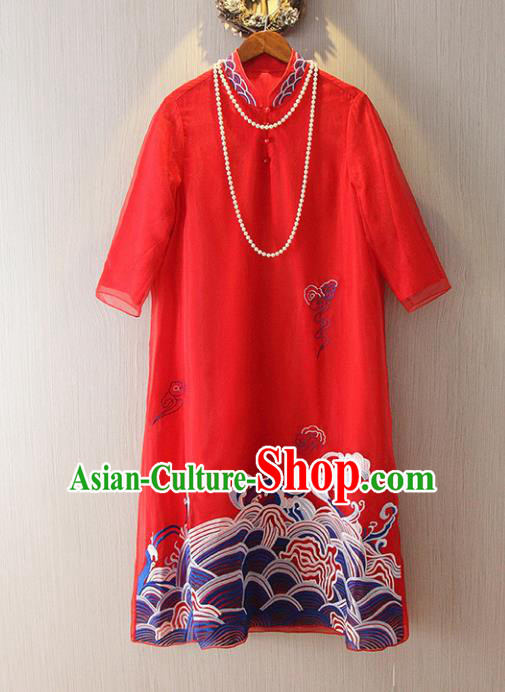 Chinese Traditional National Cheongsam Tangsuit Embroidered Red Qipao Dress for Women
