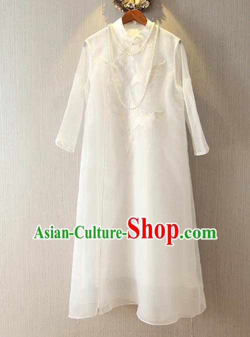 Chinese Traditional National Cheongsam Dress Tangsuit Embroidered White Qipao for Women