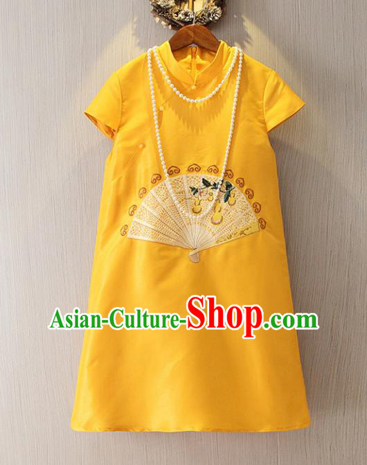 Chinese Traditional National Cheongsam Tangsuit Embroidered Yellow Short Dress for Women