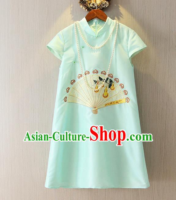 Chinese Traditional National Cheongsam Tangsuit Embroidered Blue Short Dress for Women