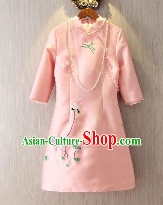 Chinese Traditional National Costume Pink Cheongsam Tangsuit Embroidered Short Dress for Women