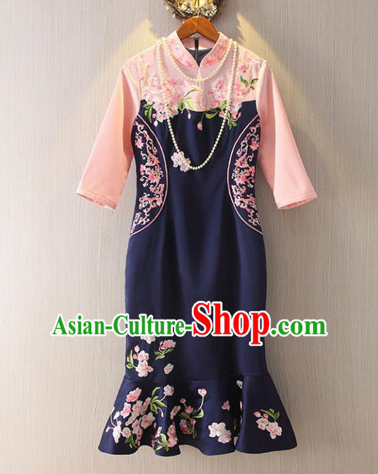 Chinese Traditional National Costume Navy Cheongsam Tangsuit Embroidered Short Dress for Women