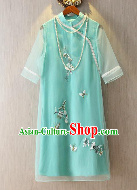 Chinese Traditional National Costume Green Cheongsam Tangsuit Embroidered Butterfly Short Dress for Women
