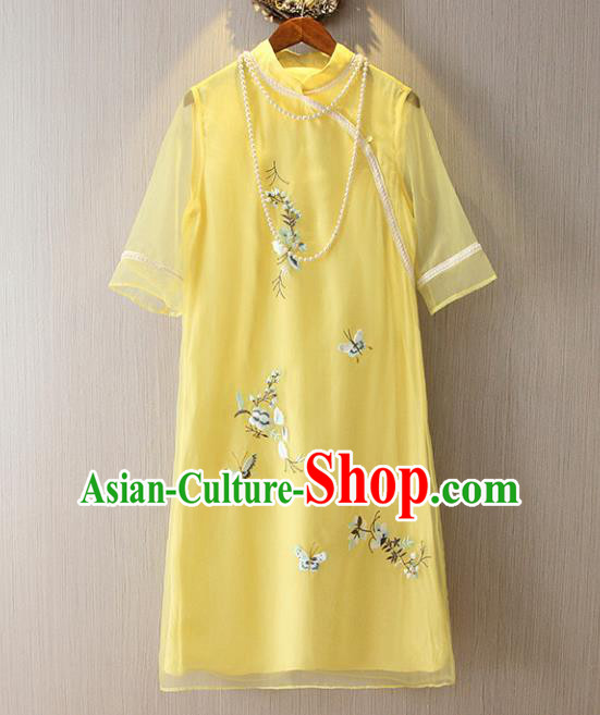 Chinese Traditional National Costume Yellow Cheongsam Tangsuit Embroidered Butterfly Short Dress for Women