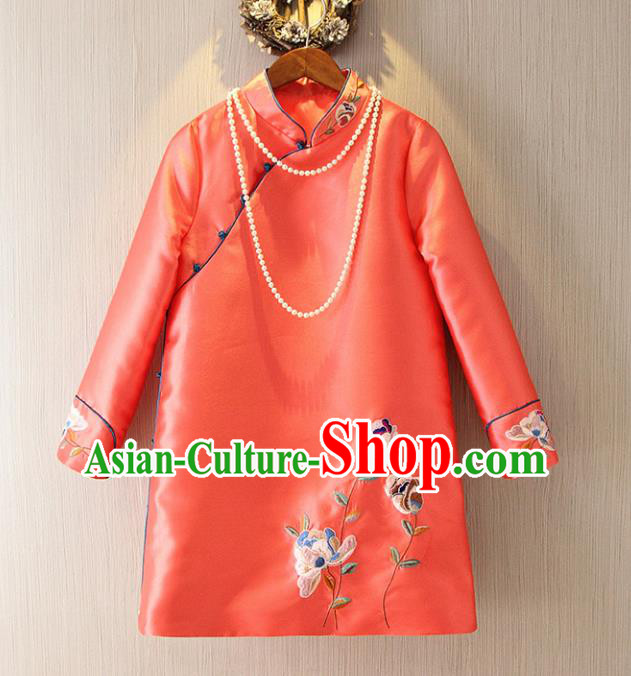 Chinese Traditional National Costume Cheongsam Tangsuit Embroidered Orange Dress for Women