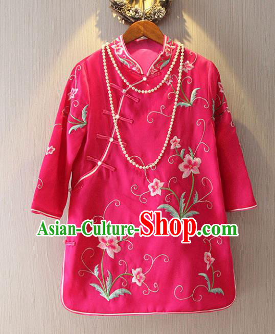 Chinese Traditional National Costume Cheongsam Blouse Tangsuit Embroidered Rosy Qipao Shirts for Women