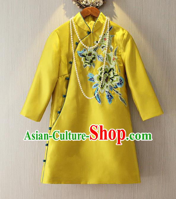 Chinese Traditional National Costume Yellow Cheongsam Tangsuit Embroidered Qipao Dress for Women