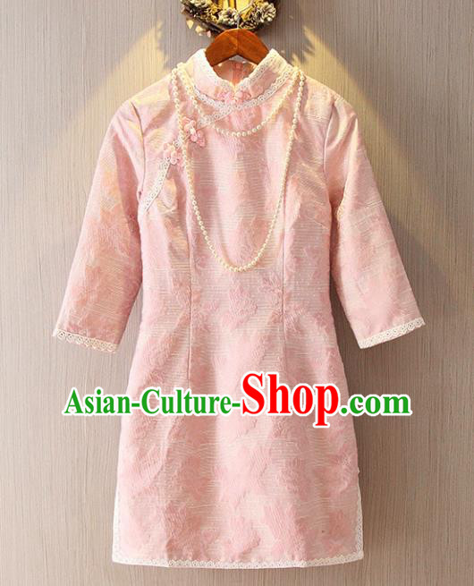 Chinese Traditional National Costume Pink Lace Cheongsam Tangsuit Embroidered Qipao Dress for Women