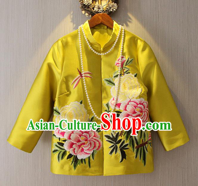Chinese Traditional National Costume Yellow Cheongsam Jacket Tangsuit Embroidered Upper Outer Garment for Women