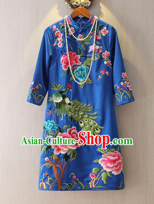 Chinese Traditional National Costume Blue Cheongsam Tangsuit Embroidered Peacock Dress for Women