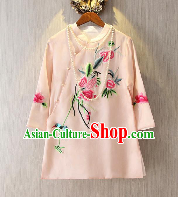 Chinese Traditional National Cheongsam Blouse Costume Embroidered Peony Tangsuit Pink Shirts for Women