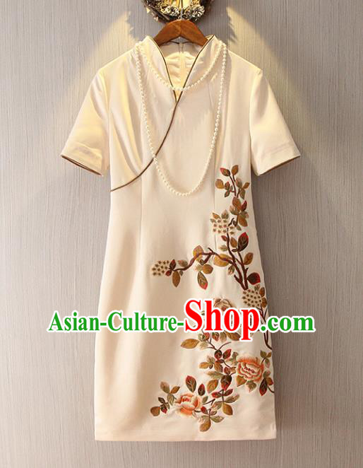 Chinese Traditional National Cheongsam Costume Embroidered Tangsuit Beige Dress for Women