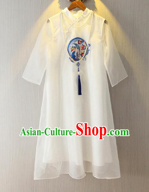 Chinese Traditional National Cheongsam Costume Tangsuit Embroidered White Dress for Women