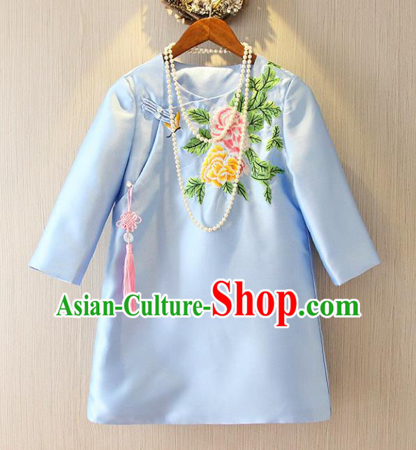 Chinese Traditional National Costume Cheongsam Blue Shirts Tangsuit Embroidered Qipao Blouse for Women