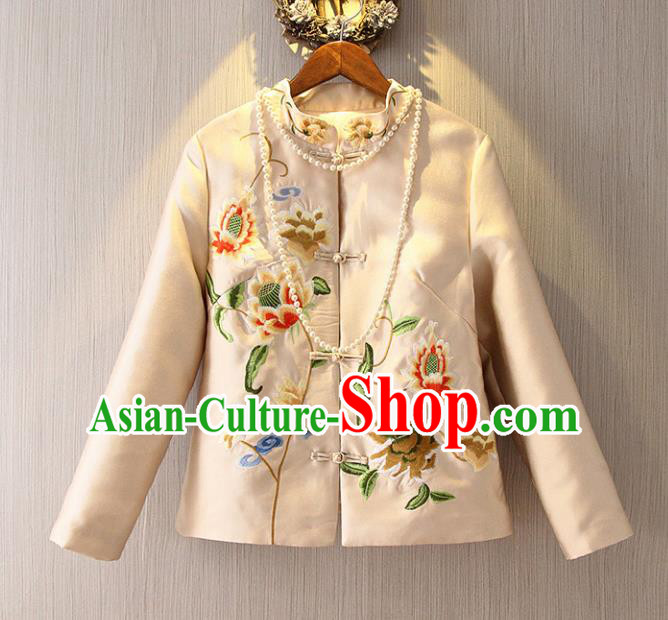 Chinese Traditional National Costume Cheongsam Coats Tangsuit Qipao Beige Jacket for Women