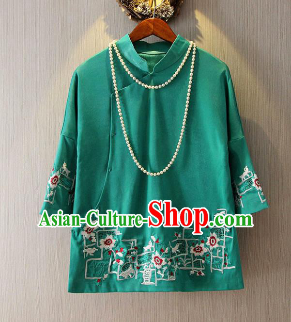 Chinese Traditional National Green Cheongsam Blouse Tangsuit Qipao Shirts for Women