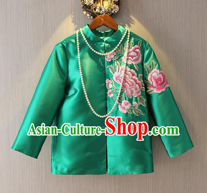 Chinese Traditional National Cheongsam Upper Outer Garment Tangsuit Qipao Embroidered Green Jacket for Women