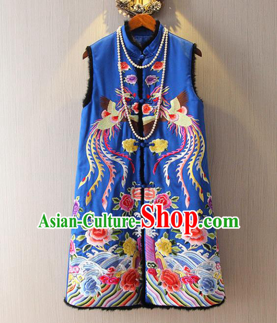 Chinese Traditional National Cheongsam Long Vest Tangsuit Embroidered Phoenix Blue Waistcoat for Women