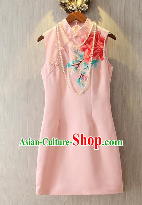 Chinese Traditional National Cheongsam Dress Tangsuit Embroidered Pink Qipao for Women