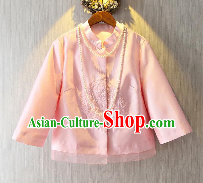 Chinese Traditional National Costume Cheongsam Pink Shirts Tangsuit Embroidered Blouse for Women