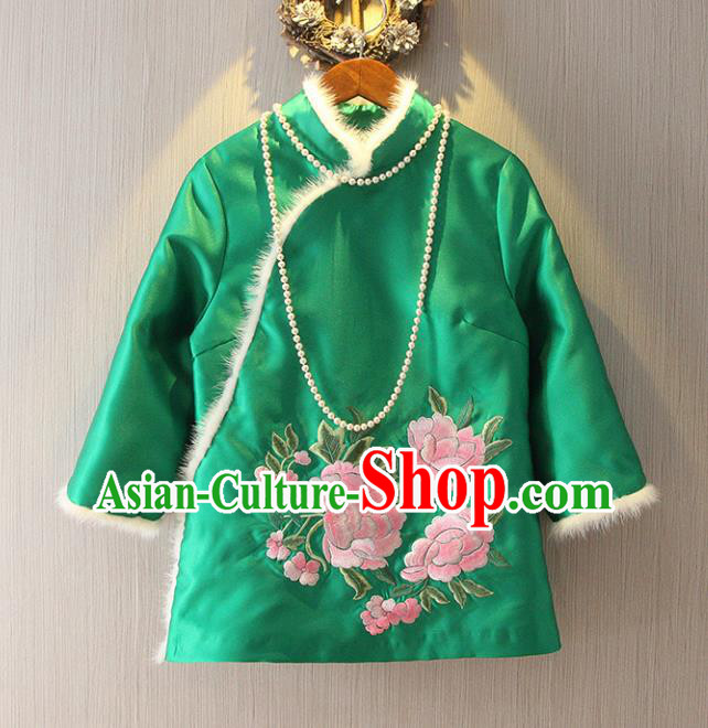 Chinese Traditional National Costume Cheongsam Blouse Tangsuit Embroidered Green Cotton-padded Jacket for Women