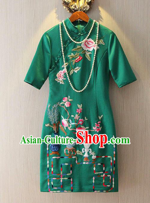 Chinese Traditional National Costume Green Cheongsam Tangsuit Embroidered Qipao Dress for Women