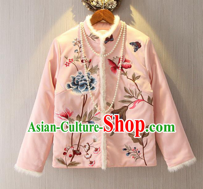 Chinese Traditional National Costume Pink Cheongsam Blouse Tangsuit Embroidered Jacket for Women