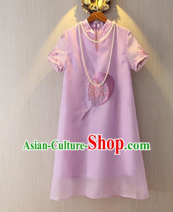 Chinese Traditional National Costume Cheongsam Dress Tangsuit Embroidered Purple Qipao for Women