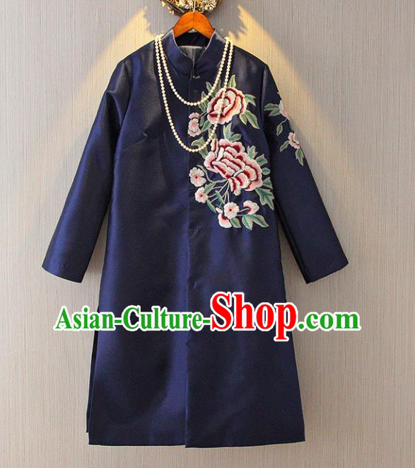 Chinese Traditional National Costume Tangsuit Embroidered Navy Dust Coat for Women