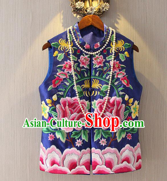 Chinese Traditional National Cheongsam Blue Vest Tangsuit Embroidered Peony Waistcoat for Women