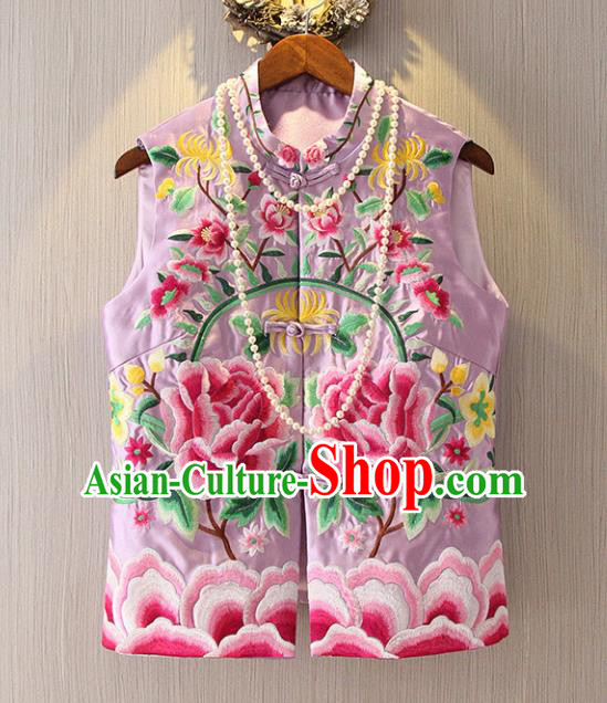 Chinese Traditional National Cheongsam Lilac Vest Tangsuit Embroidered Peony Waistcoat for Women