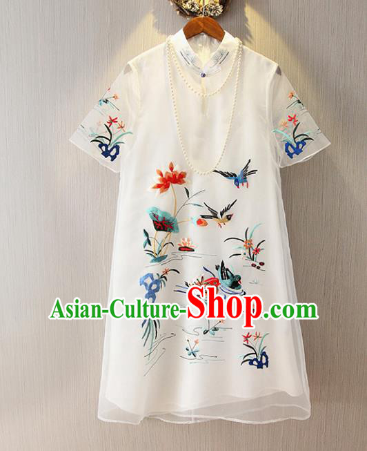 Chinese Traditional National Costume White Cheongsam Tangsuit Embroidered Mandarin Duck Dress for Women