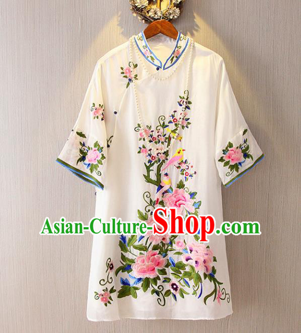 Chinese Traditional National Costume White Cheongsam Blouse Tangsuit Embroidered Peony Shirts for Women