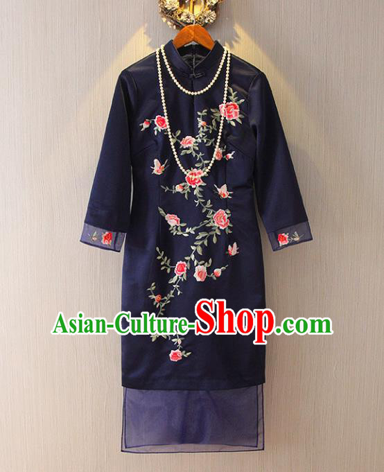 Chinese Traditional National Costume Tangsuit Embroidered Navy Cheongsam Dress for Women