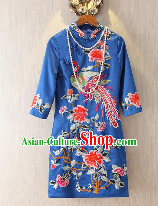 Chinese Traditional National Costume Tangsuit Embroidered Phoenix Peony Blue Cheongsam Dress for Women