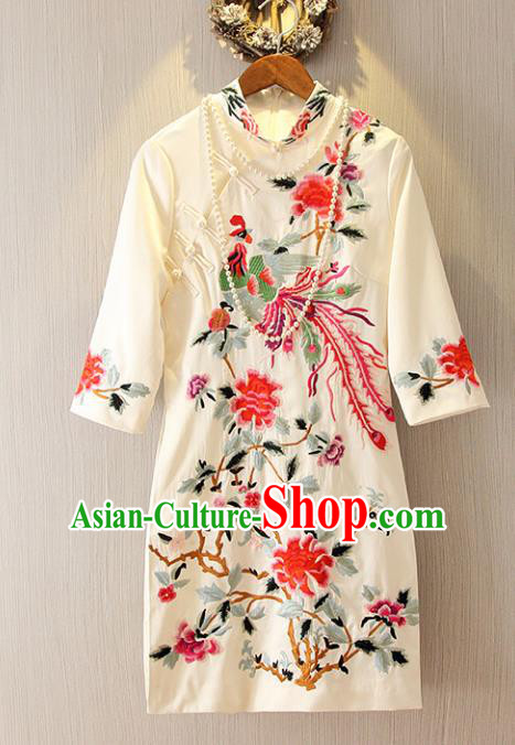 Chinese Traditional National Costume Tangsuit Embroidered Phoenix Peony White Cheongsam Dress for Women